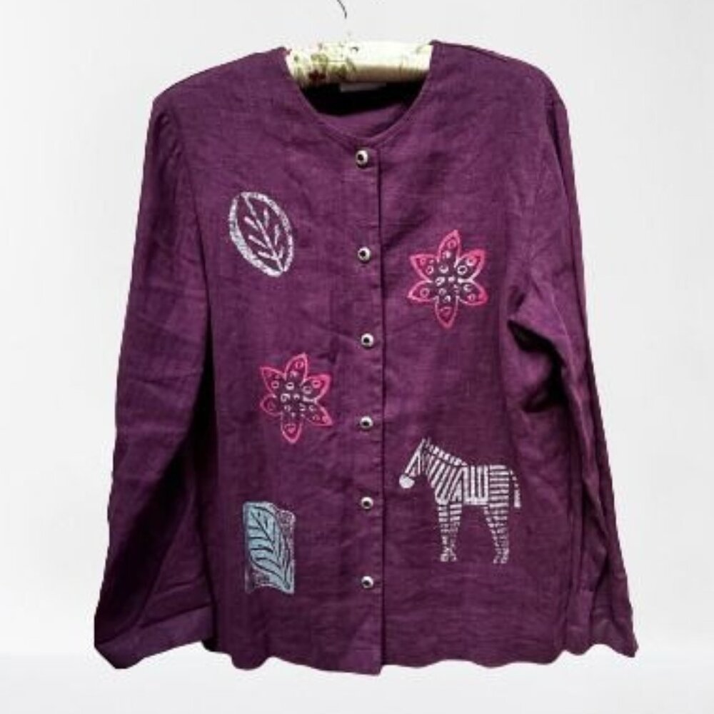 Vintage Studio Ease Women's Linen Jacket with Purple Stamped Designs Made in USA